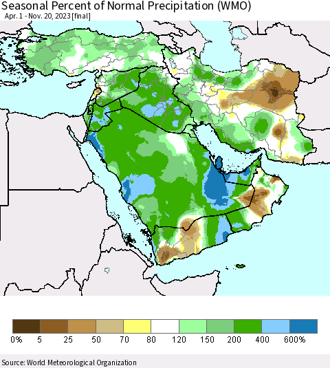 Middle East and Turkey Seasonal Percent of Normal Precipitation (WMO) Thematic Map For 4/1/2023 - 11/20/2023