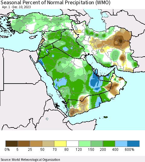 Middle East and Turkey Seasonal Percent of Normal Precipitation (WMO) Thematic Map For 4/1/2023 - 12/10/2023