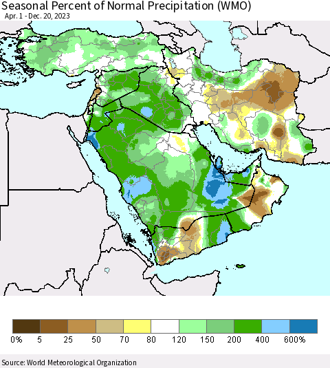 Middle East and Turkey Seasonal Percent of Normal Precipitation (WMO) Thematic Map For 4/1/2023 - 12/20/2023