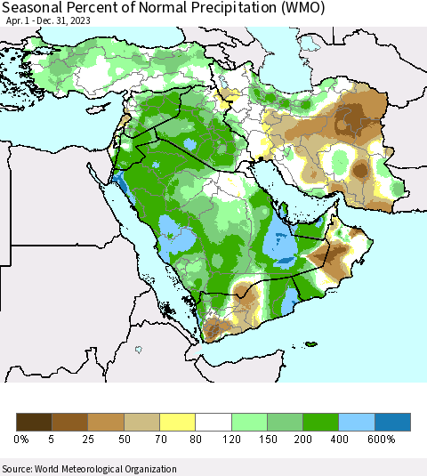 Middle East and Turkey Seasonal Percent of Normal Precipitation (WMO) Thematic Map For 4/1/2023 - 12/31/2023