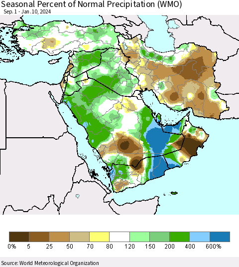 Middle East and Turkey Seasonal Percent of Normal Precipitation (WMO) Thematic Map For 9/1/2023 - 1/10/2024