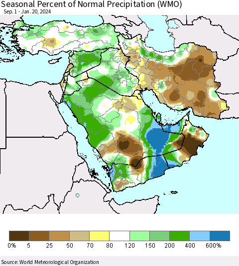 Middle East and Turkey Seasonal Percent of Normal Precipitation (WMO) Thematic Map For 9/1/2023 - 1/20/2024