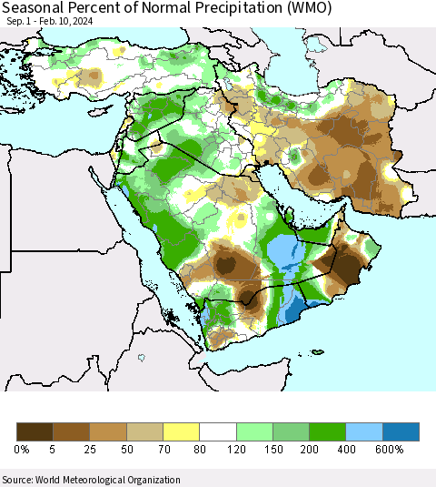 Middle East and Turkey Seasonal Percent of Normal Precipitation (WMO) Thematic Map For 9/1/2023 - 2/10/2024