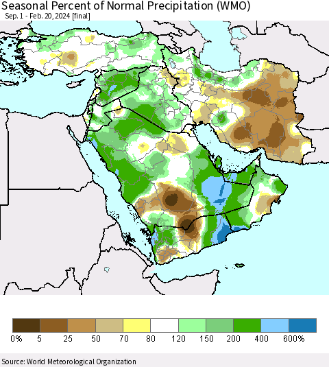 Middle East and Turkey Seasonal Percent of Normal Precipitation (WMO) Thematic Map For 9/1/2023 - 2/20/2024