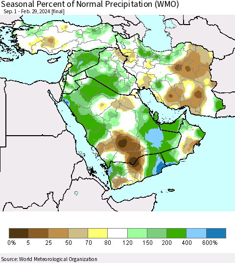 Middle East and Turkey Seasonal Percent of Normal Precipitation (WMO) Thematic Map For 9/1/2023 - 2/29/2024