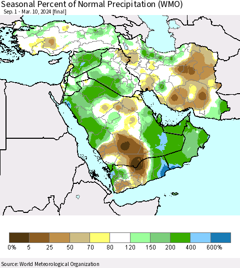 Middle East and Turkey Seasonal Percent of Normal Precipitation (WMO) Thematic Map For 9/1/2023 - 3/10/2024