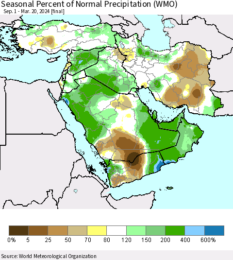 Middle East and Turkey Seasonal Percent of Normal Precipitation (WMO) Thematic Map For 9/1/2023 - 3/20/2024