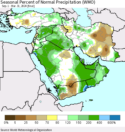 Middle East and Turkey Seasonal Percent of Normal Precipitation (WMO) Thematic Map For 9/1/2023 - 3/31/2024