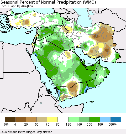 Middle East and Turkey Seasonal Percent of Normal Precipitation (WMO) Thematic Map For 9/1/2023 - 4/10/2024
