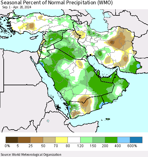Middle East and Turkey Seasonal Percent of Normal Precipitation (WMO) Thematic Map For 9/1/2023 - 4/20/2024
