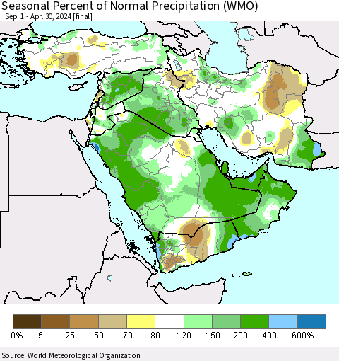 Middle East and Turkey Seasonal Percent of Normal Precipitation (WMO) Thematic Map For 9/1/2023 - 4/30/2024