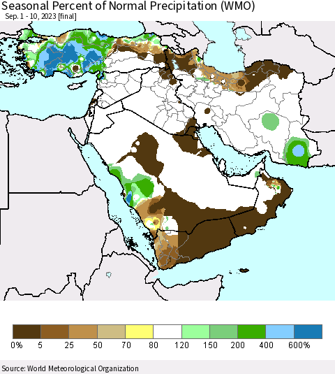 Middle East and Turkey Seasonal Percent of Normal Precipitation (WMO) Thematic Map For 9/1/2023 - 9/10/2023