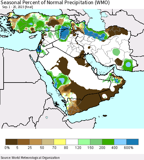 Middle East and Turkey Seasonal Percent of Normal Precipitation (WMO) Thematic Map For 9/1/2023 - 9/20/2023