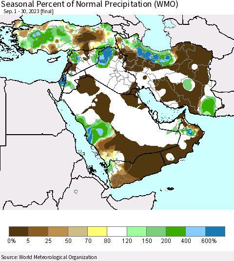 Middle East and Turkey Seasonal Percent of Normal Precipitation (WMO) Thematic Map For 9/1/2023 - 9/30/2023