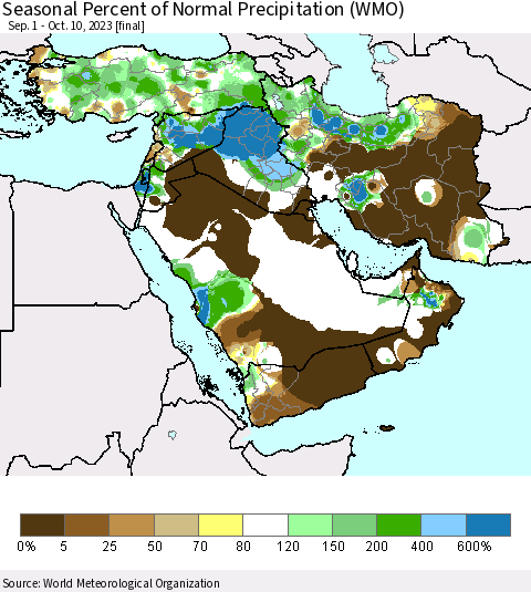 Middle East and Turkey Seasonal Percent of Normal Precipitation (WMO) Thematic Map For 9/1/2023 - 10/10/2023