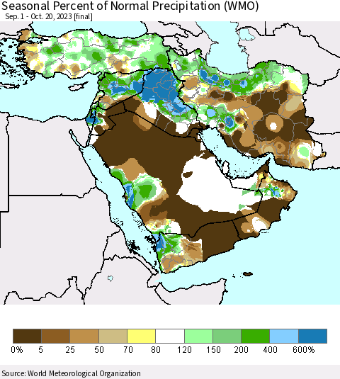 Middle East and Turkey Seasonal Percent of Normal Precipitation (WMO) Thematic Map For 9/1/2023 - 10/20/2023