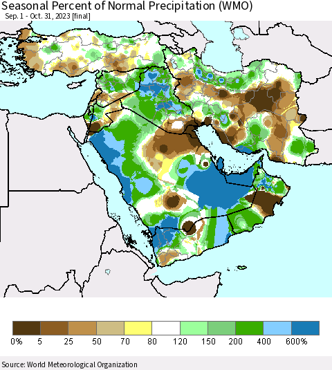 Middle East and Turkey Seasonal Percent of Normal Precipitation (WMO) Thematic Map For 9/1/2023 - 10/31/2023