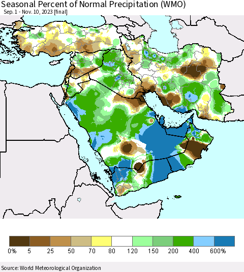 Middle East and Turkey Seasonal Percent of Normal Precipitation (WMO) Thematic Map For 9/1/2023 - 11/10/2023