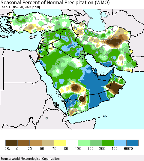 Middle East and Turkey Seasonal Percent of Normal Precipitation (WMO) Thematic Map For 9/1/2023 - 11/20/2023