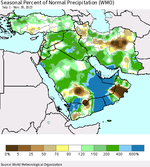 Middle East and Turkey Seasonal Percent of Normal Precipitation (WMO) Thematic Map For 9/1/2023 - 11/30/2023