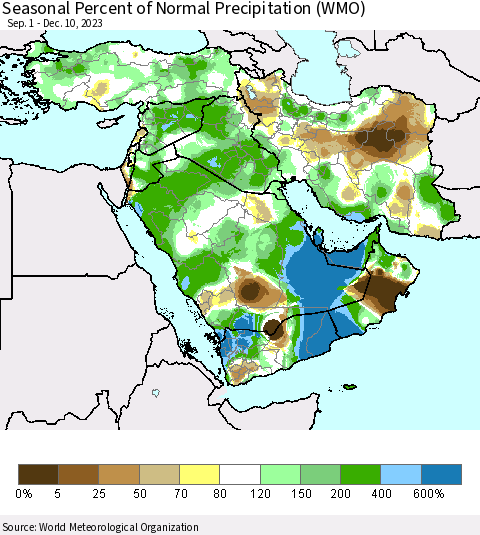 Middle East and Turkey Seasonal Percent of Normal Precipitation (WMO) Thematic Map For 9/1/2023 - 12/10/2023