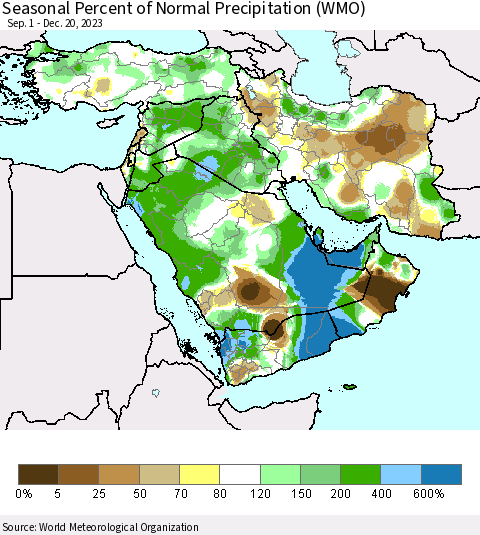Middle East and Turkey Seasonal Percent of Normal Precipitation (WMO) Thematic Map For 9/1/2023 - 12/20/2023