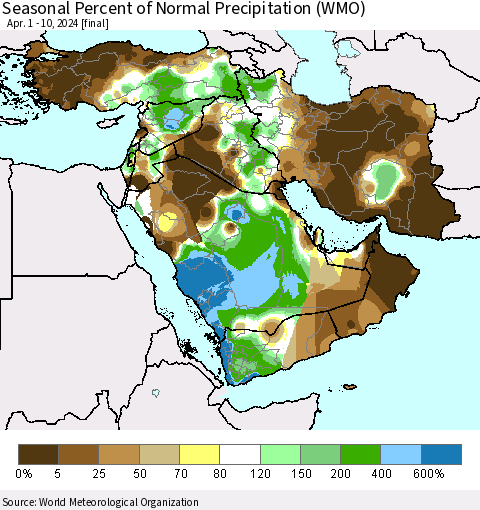 Middle East and Turkey Seasonal Percent of Normal Precipitation (WMO) Thematic Map For 4/1/2024 - 4/10/2024