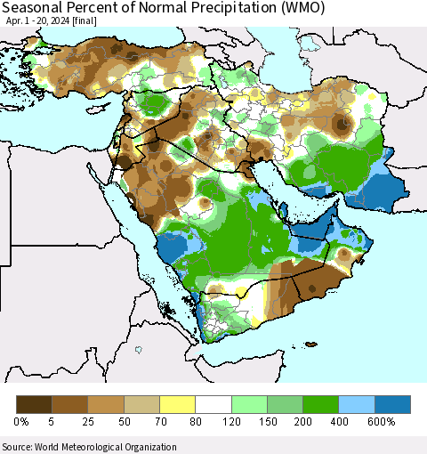 Middle East and Turkey Seasonal Percent of Normal Precipitation (WMO) Thematic Map For 4/1/2024 - 4/20/2024