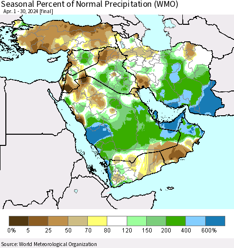 Middle East and Turkey Seasonal Percent of Normal Precipitation (WMO) Thematic Map For 4/1/2024 - 4/30/2024