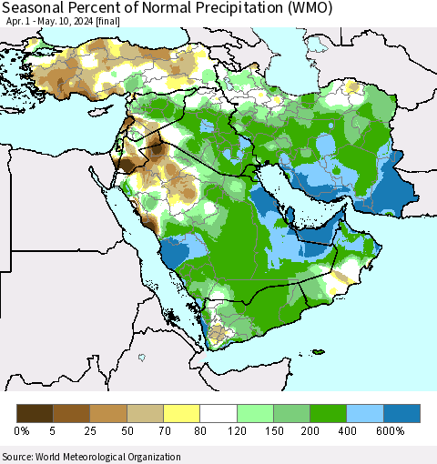 Middle East and Turkey Seasonal Percent of Normal Precipitation (WMO) Thematic Map For 4/1/2024 - 5/10/2024