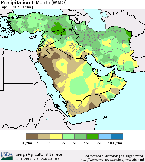 Middle East and Turkey Precipitation 1-Month (WMO) Thematic Map For 4/1/2019 - 4/30/2019