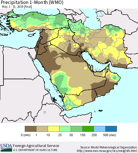 Middle East and Turkey Precipitation 1-Month (WMO) Thematic Map For 5/1/2019 - 5/31/2019