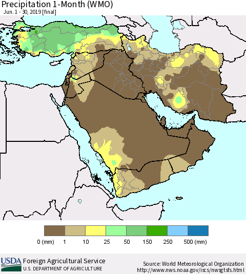 Middle East and Turkey Precipitation 1-Month (WMO) Thematic Map For 6/1/2019 - 6/30/2019