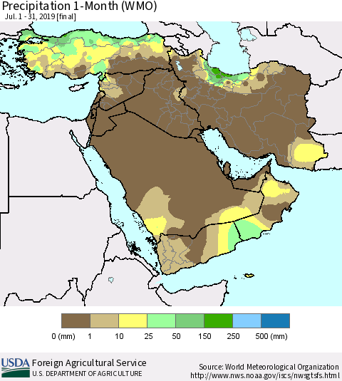 Middle East and Turkey Precipitation 1-Month (WMO) Thematic Map For 7/1/2019 - 7/31/2019