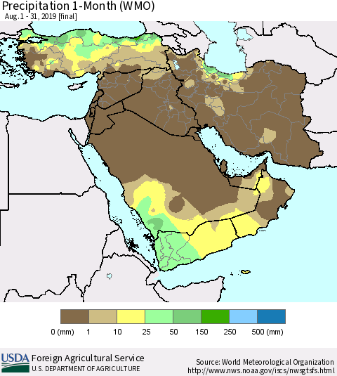 Middle East and Turkey Precipitation 1-Month (WMO) Thematic Map For 8/1/2019 - 8/31/2019