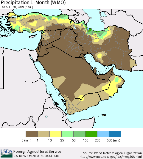 Middle East and Turkey Precipitation 1-Month (WMO) Thematic Map For 9/1/2019 - 9/30/2019