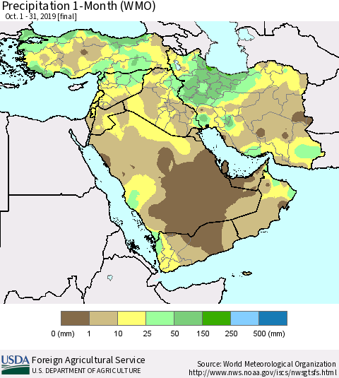 Middle East and Turkey Precipitation 1-Month (WMO) Thematic Map For 10/1/2019 - 10/31/2019
