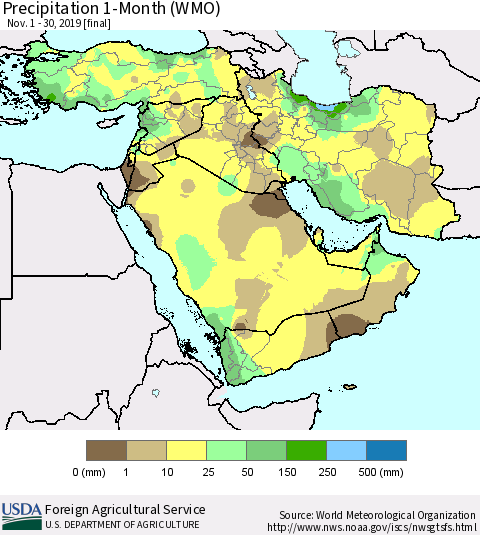 Middle East and Turkey Precipitation 1-Month (WMO) Thematic Map For 11/1/2019 - 11/30/2019