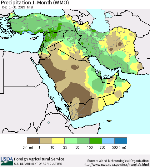 Middle East and Turkey Precipitation 1-Month (WMO) Thematic Map For 12/1/2019 - 12/31/2019