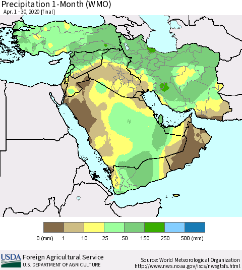 Middle East and Turkey Precipitation 1-Month (WMO) Thematic Map For 4/1/2020 - 4/30/2020