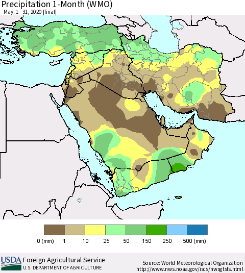 Middle East and Turkey Precipitation 1-Month (WMO) Thematic Map For 5/1/2020 - 5/31/2020