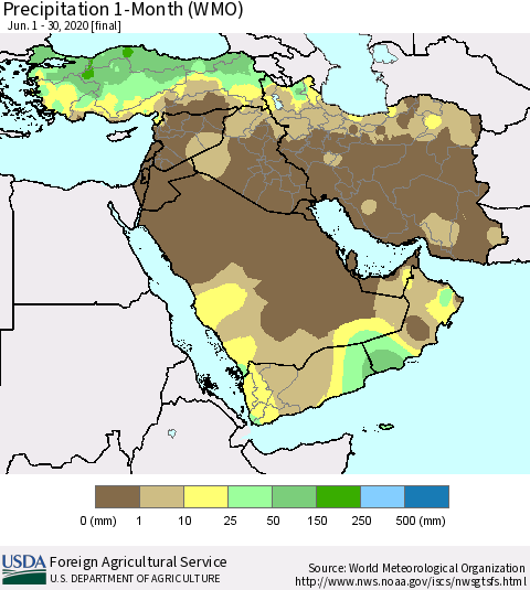 Middle East and Turkey Precipitation 1-Month (WMO) Thematic Map For 6/1/2020 - 6/30/2020