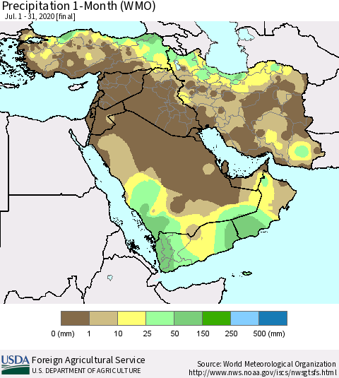 Middle East and Turkey Precipitation 1-Month (WMO) Thematic Map For 7/1/2020 - 7/31/2020