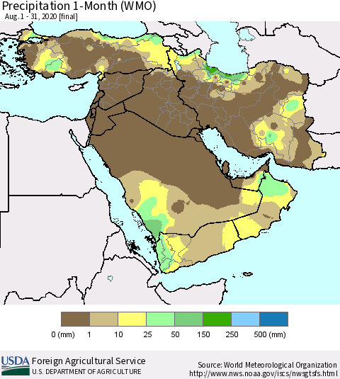 Middle East and Turkey Precipitation 1-Month (WMO) Thematic Map For 8/1/2020 - 8/31/2020