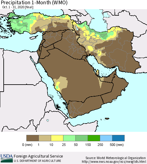 Middle East and Turkey Precipitation 1-Month (WMO) Thematic Map For 10/1/2020 - 10/31/2020