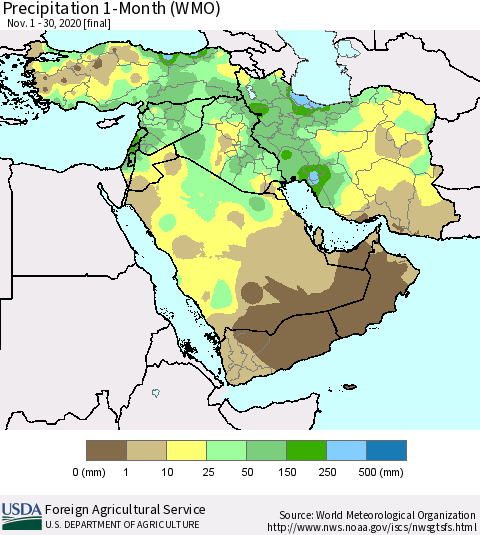 Middle East and Turkey Precipitation 1-Month (WMO) Thematic Map For 11/1/2020 - 11/30/2020