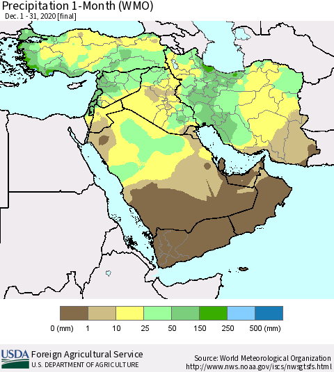 Middle East and Turkey Precipitation 1-Month (WMO) Thematic Map For 12/1/2020 - 12/31/2020