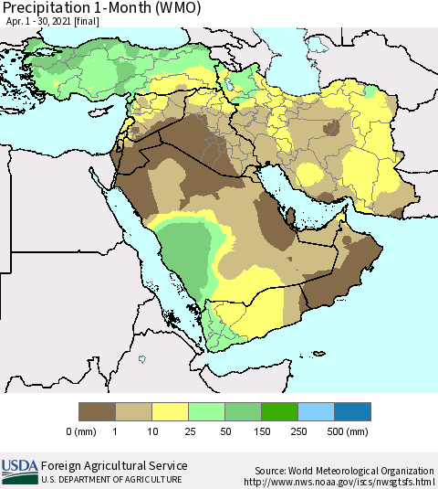 Middle East and Turkey Precipitation 1-Month (WMO) Thematic Map For 4/1/2021 - 4/30/2021