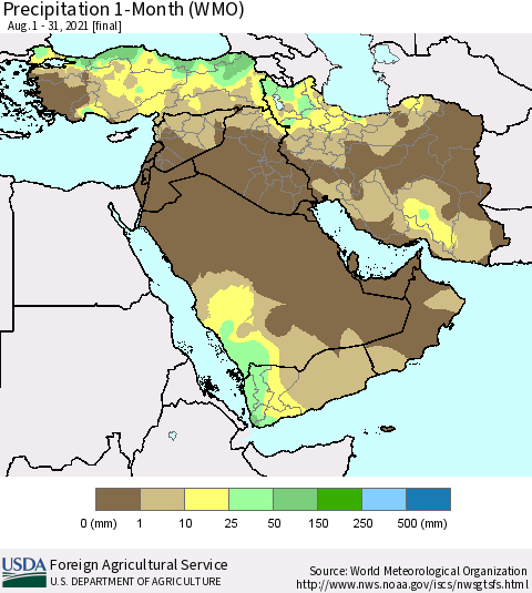 Middle East and Turkey Precipitation 1-Month (WMO) Thematic Map For 8/1/2021 - 8/31/2021