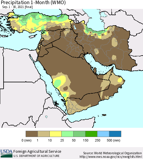 Middle East and Turkey Precipitation 1-Month (WMO) Thematic Map For 9/1/2021 - 9/30/2021